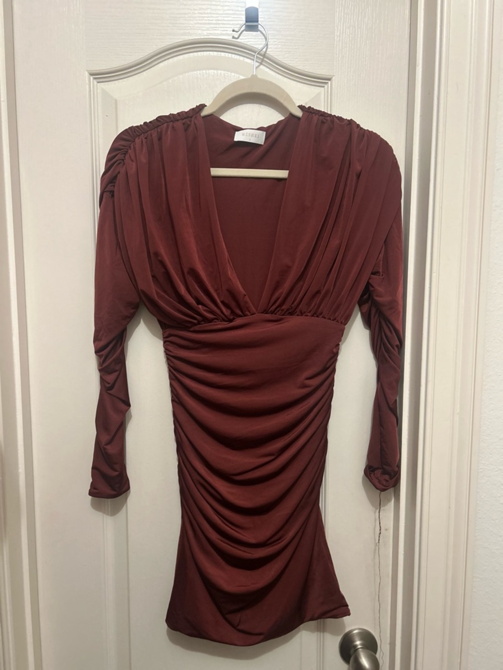 Meshki Hayden Long Sleeve Plunge Mini Dress - Burgundy - Picture 2 of 4